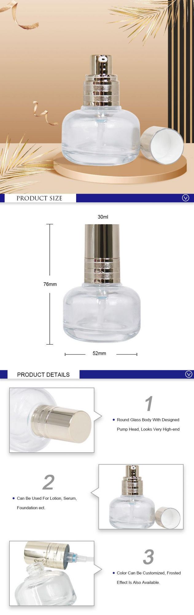 30ml Round Fat Essence Bottle, High Quality Cosmetic Glass Packaging Bottles for Cosmetics