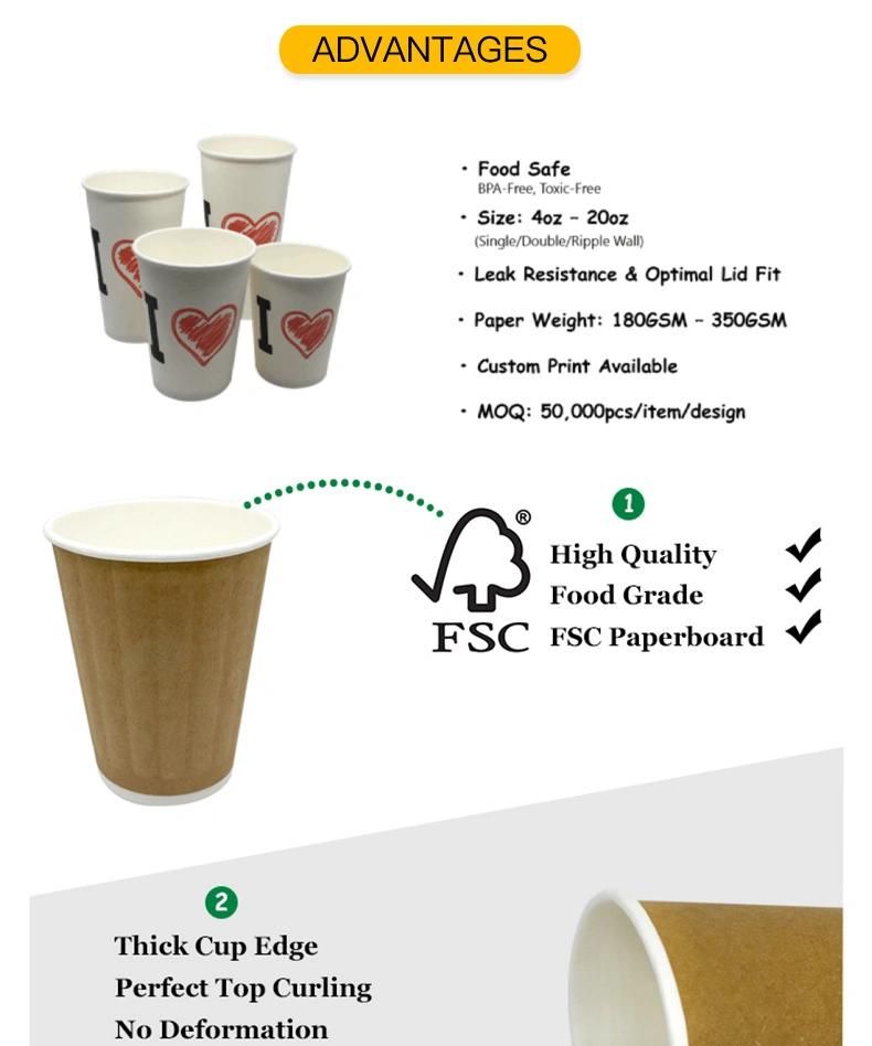 Disposable Single Wall/Double Wall/Ripple Paper Coffee Tea Cups for Cold Drink Hot Drink