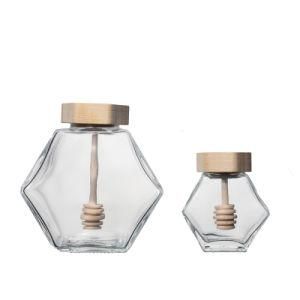 Customized Kdg Glassware Six-Sided Flint Glass Honey Jars with Bamboo Stir 100ml 280ml 380ml Glass Jam Jars Wholesale