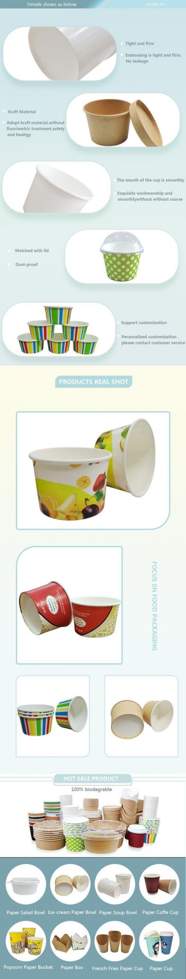 China Factory Customer Printed Wholesale Disposable Food Bowls 390cc Double Coated Kraft Paper Bowl Paper Ice Cream Bowls Cups with Lids