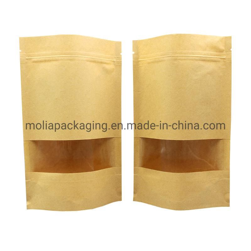 Kraft Brown Paper Stand up Sealing Bags Food Grade with Zipper and Tear Notches/Clear Window
