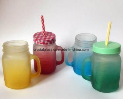 Frosted Painting Handle Glass Mason Jar 16oz with Straw Lid