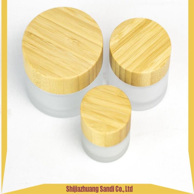 Free Sample Wooden Cosmetic Packaging Glass Frosted Cream Jar Container with Bamboo Lid