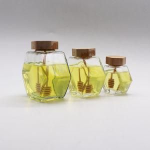 Clear 100ml 220ml 380ml Hexagon Glass Honey Pot Jar with Wooden Bamboo Lid Dipper