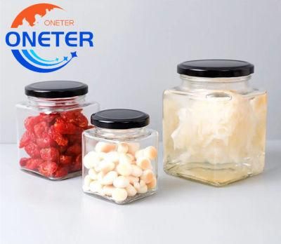 Wholesale Empty Square Clear Food Storage Container Honey Glass Jar with Metal Lid