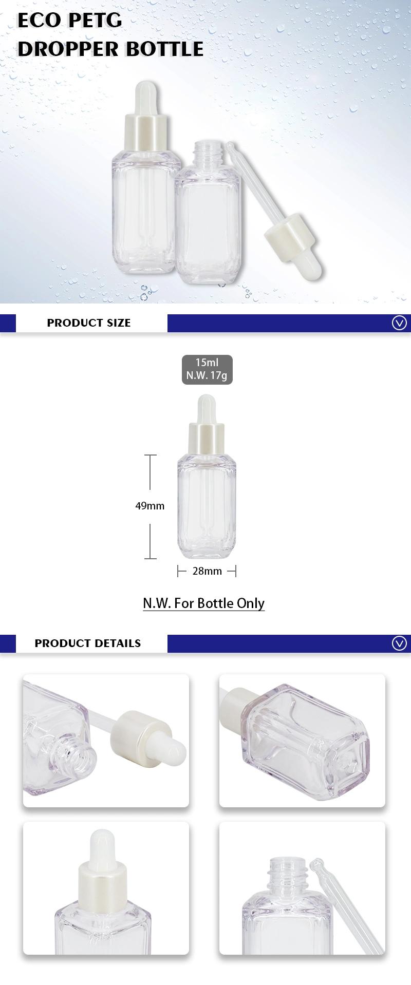 Skincare Packaging PETG 15ml Cosmetic Square Dropper Bottles for Face or Skin