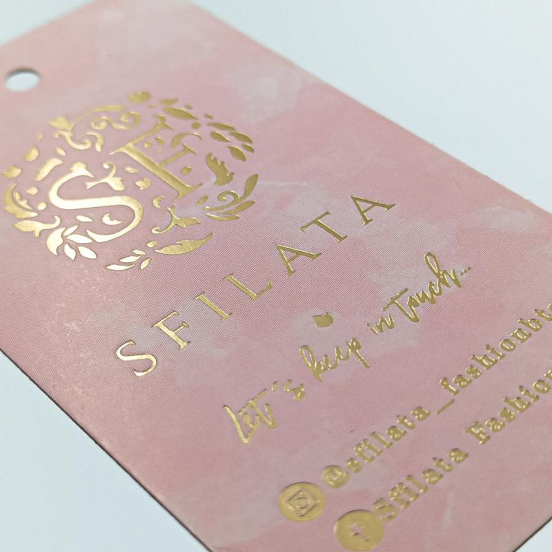 High Quality Custom Gold Stamping Hot Silver Hang Tag with Delicate Design for Clothing