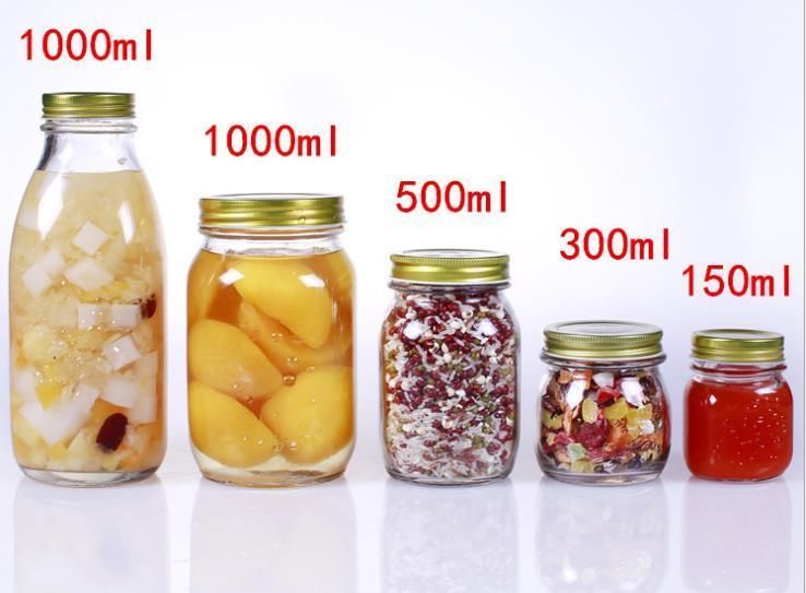 150ml 300ml 500ml 1000ml Round Shape Clear Carved Storage Glass Mason Jar with Gold Color Screw Lid