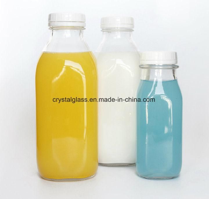 Wholesale Customized Logo Printing 500ml 300ml Empty French Square Glass Juice Milk Bottle