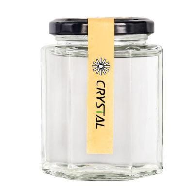 10 Oz Transparent Hexagon Glass Jar with Screw Lid for 500g Honey Packaging Use