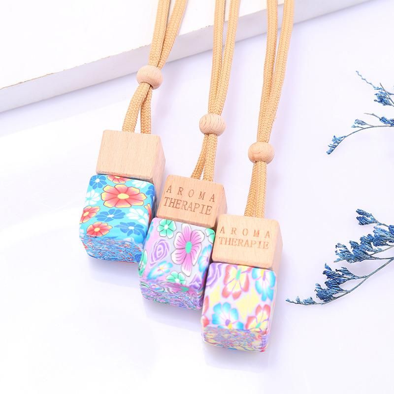 8ml Retro Car Perfume Bottle Polymer Clay Square Shape Hanging Diffuser Glass Bottles with Wooden Cap