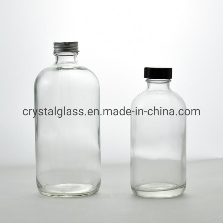 Customize 8oz 16oz Clear Boston Round Bottle 250ml 500ml with Black Lid 750ml