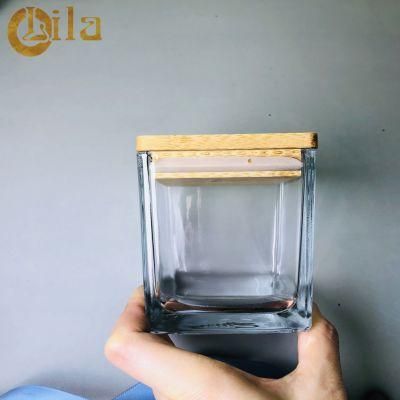 China Factory 300ml Square Wide Glass Candle Jar with Wood Bamboo Lid
