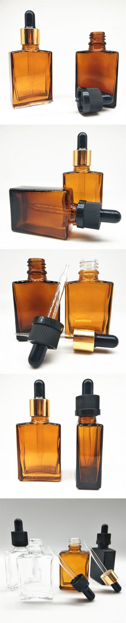 Wholesal 30ml Flat Square Amber Glass Essential Oil Dropper Bottle