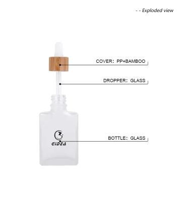 30ml Square Flat Glass Cosmetic Bottle with Dropper and Bamboo Cap