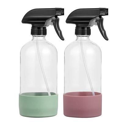 500ml 16oz Clear Boston Round Trigger Glass Spray Bottle with Colorful Silicone Sleeve