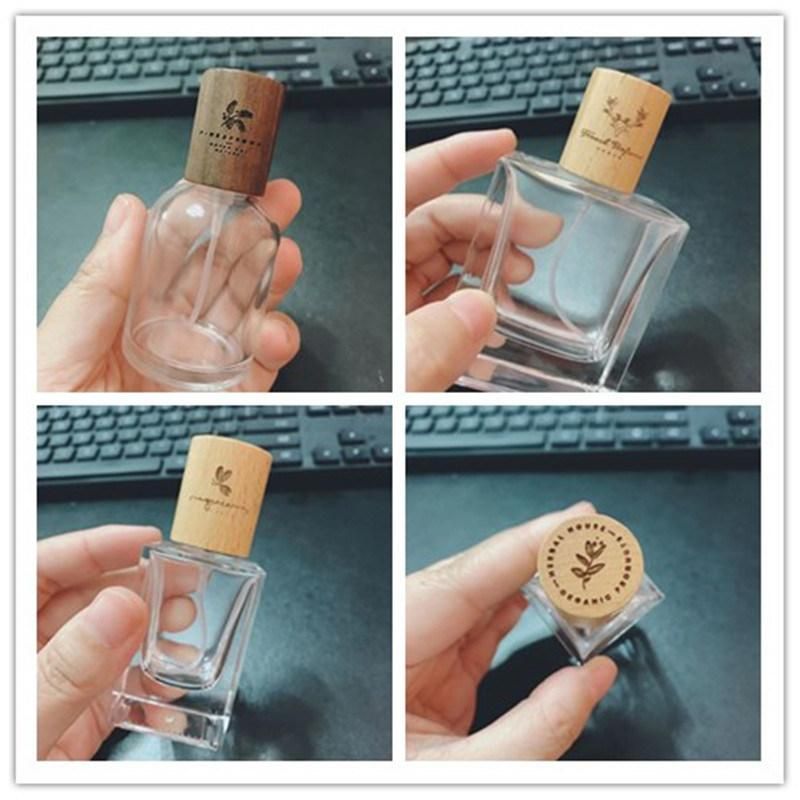 30ml 50ml Custom Refillable Bottles Thick Glass Square Spray Wooden Cap Atomizer