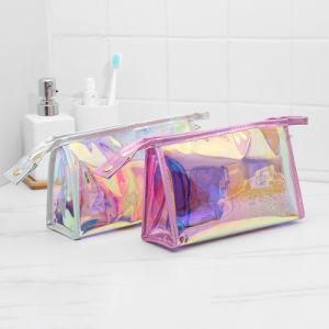 Luxury Custom Logo Holographic Laser Pink Silver Clear PVC Zipper Cosmetic Makeup Wash Bag Travel Pouch
