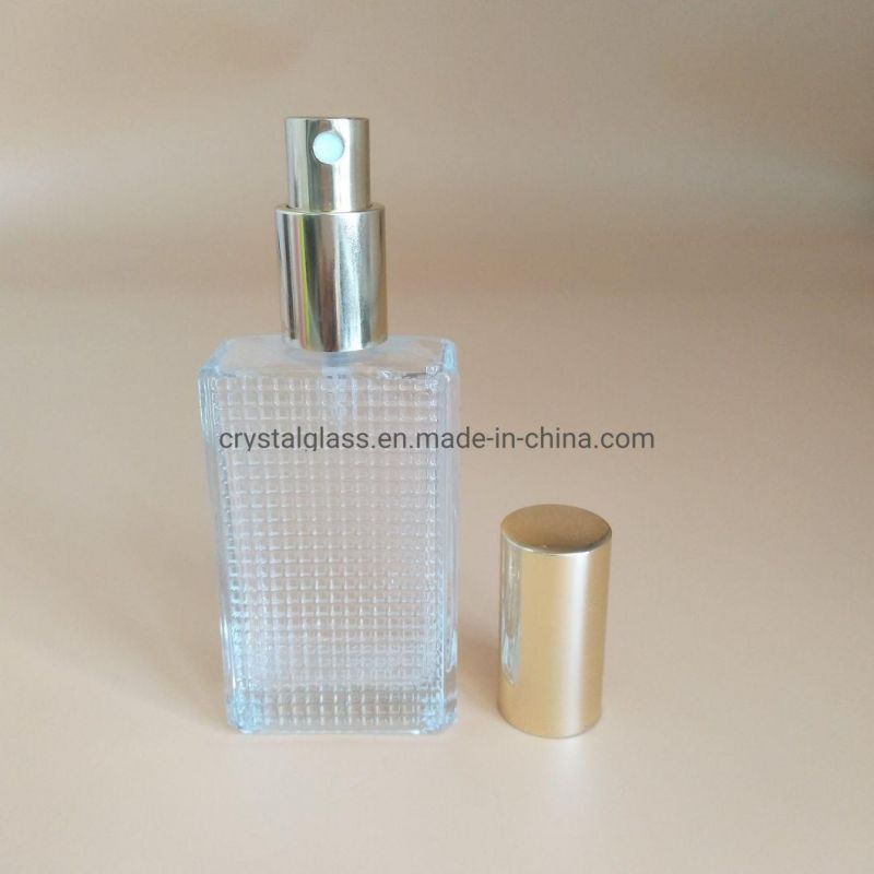 50ml Rectangle Shape Glass Perfume Bottle with Golden Sprayer and Overcap