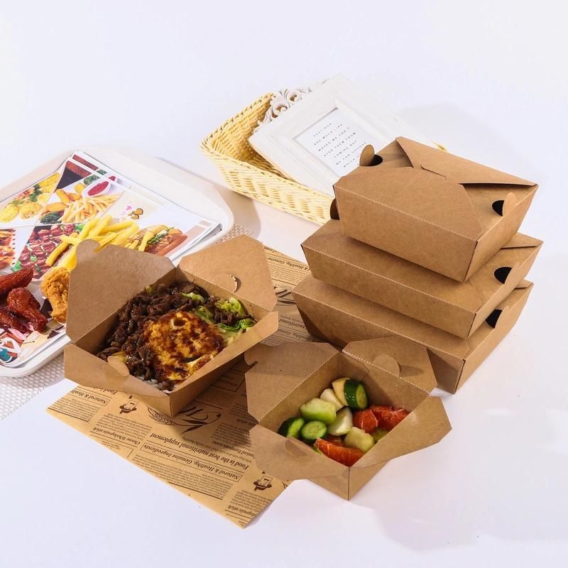 Wholesale Disposable Biodegradable Kraft Craft Paper Lunch Takeaway Box Folding Container for Fast Food Fried Chip Packaging