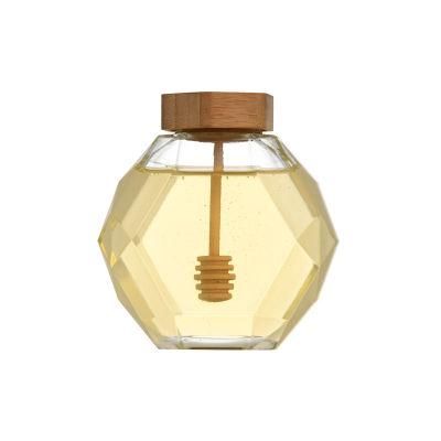 380ml Rhombus Glass Jar with Wooden Spoon Honey Jar