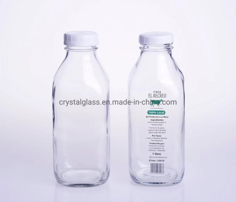 10oz 16oz 30oz French Square Beverage Juice Glass Milk Bottle with Plastic Cap 300ml 500ml 950ml