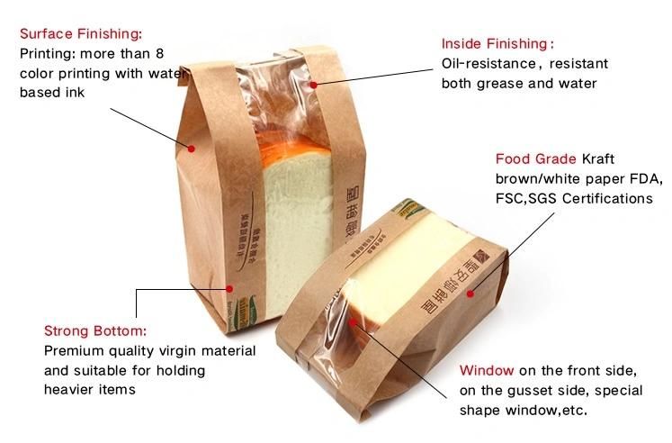 Custom Printing Greaseproof White Kraft Paper Baking Bag with Window and Tin Tie for Sandwich Toast Bread Packaging Pouch