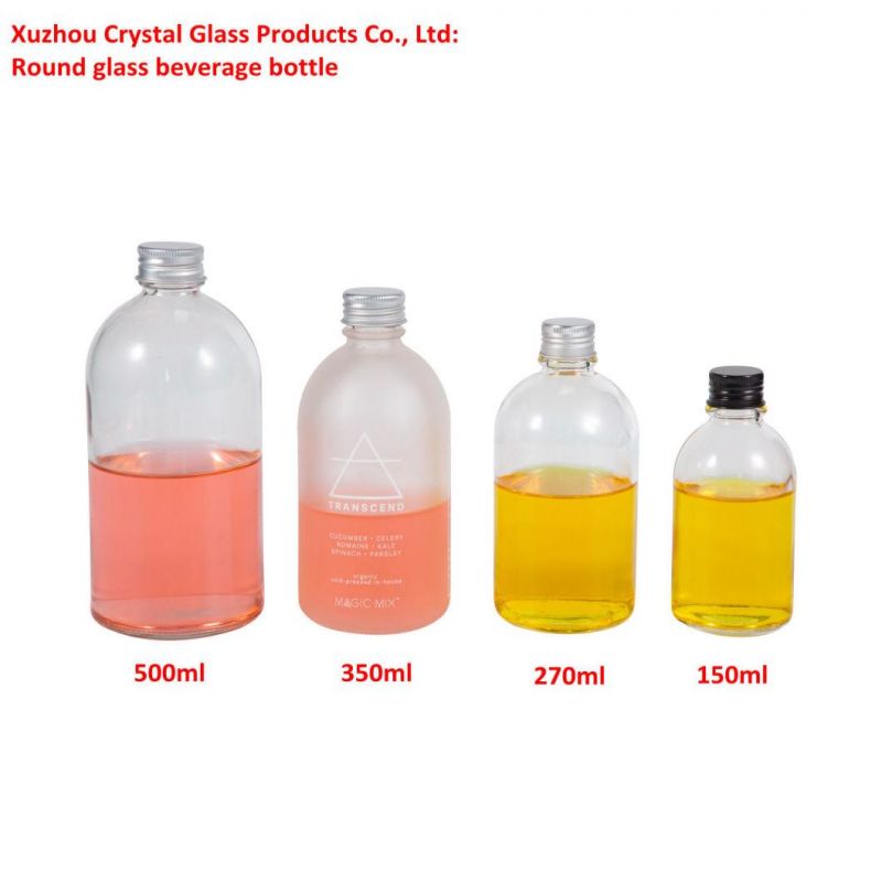 Wholesale Aluminum Cap Clear Round Glass Beverage Bottle Drinking for Kombucha Cold Pressed Juice with Logo Printing 150ml 250ml 350ml 500ml