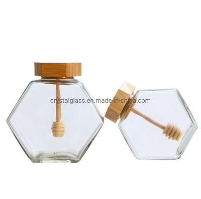 Clear Flat Hexagon Honey Glass Jam Jar with Metal/Wooden Lid 180ml 280ml 380ml