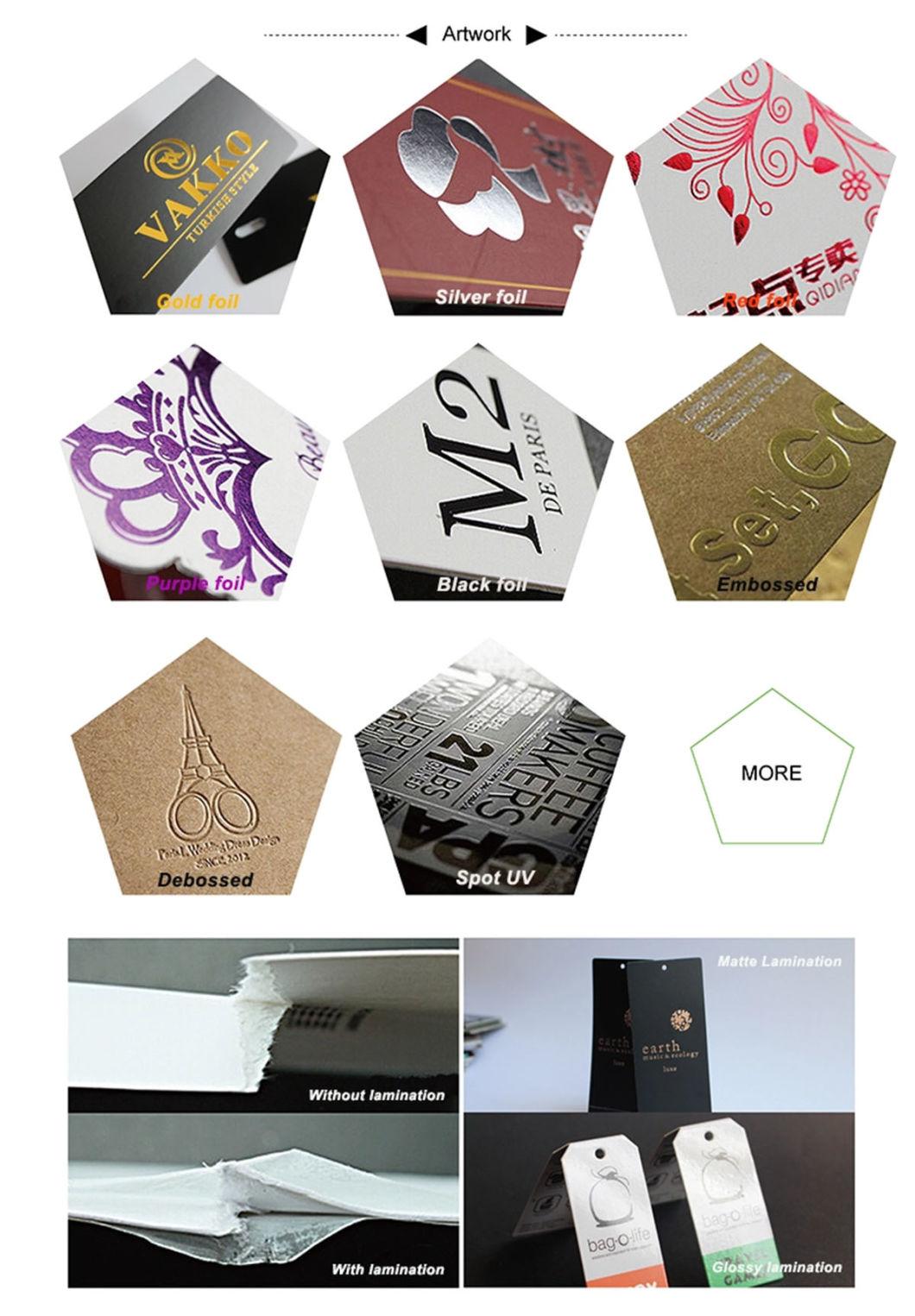 High Quality Custom Gold Stamping Hot Silver Hang Tag with Delicate Design for Clothing