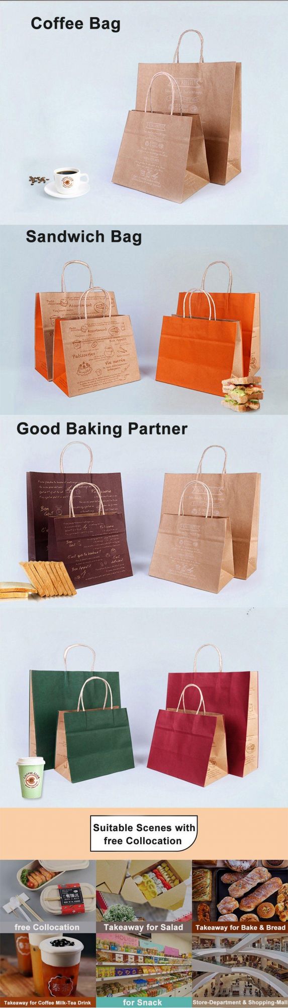 Wholesale Takeout Baking Kraft Portable Paper Packing Bags for Food /Burger/Sushi