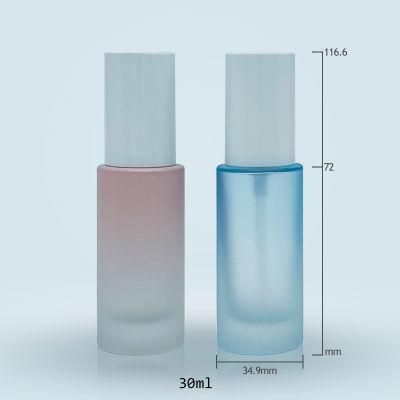 Luxury Cosmetic Packaging Cylinder Round Frosted Matte Pink Transparent Blue 30ml Lotion Glass Pump Bottle