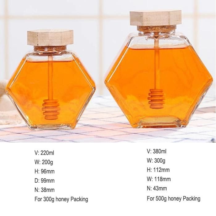 380ml Honey Glass Jar Hexagon Shape 500g Honey Pot Container with Wooden Dipper and Cork for Home Kitchen
