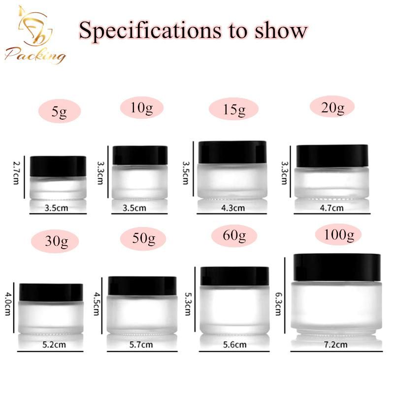 5g 10g 15g 20g 25g 30g 50g 60g 100g Frosted Glass Jar with Various Black Gold Silver Caps for Cosmetic Cream Face Cream Eye Cream etc