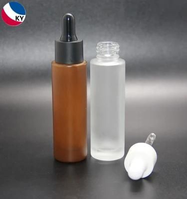 Cosmetic Serum Dropper Liquid Bottle Flat Shoulder 30ml Glass Dropper Tall Frosted Amber Plastic Dropper Skin Care Cream Round