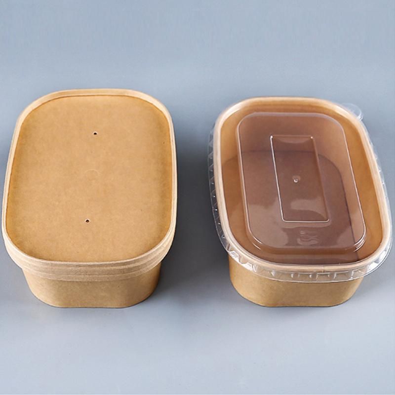 Wholesale Food Grade Paper Kraft Square Paper Bowl with Lid Rectangular Paper Container with PP Cover