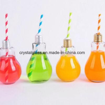 Light Bulb Shape Milk Tea Coffee Packing Glass Bottle with Cap Straw 150ml 200ml 300ml