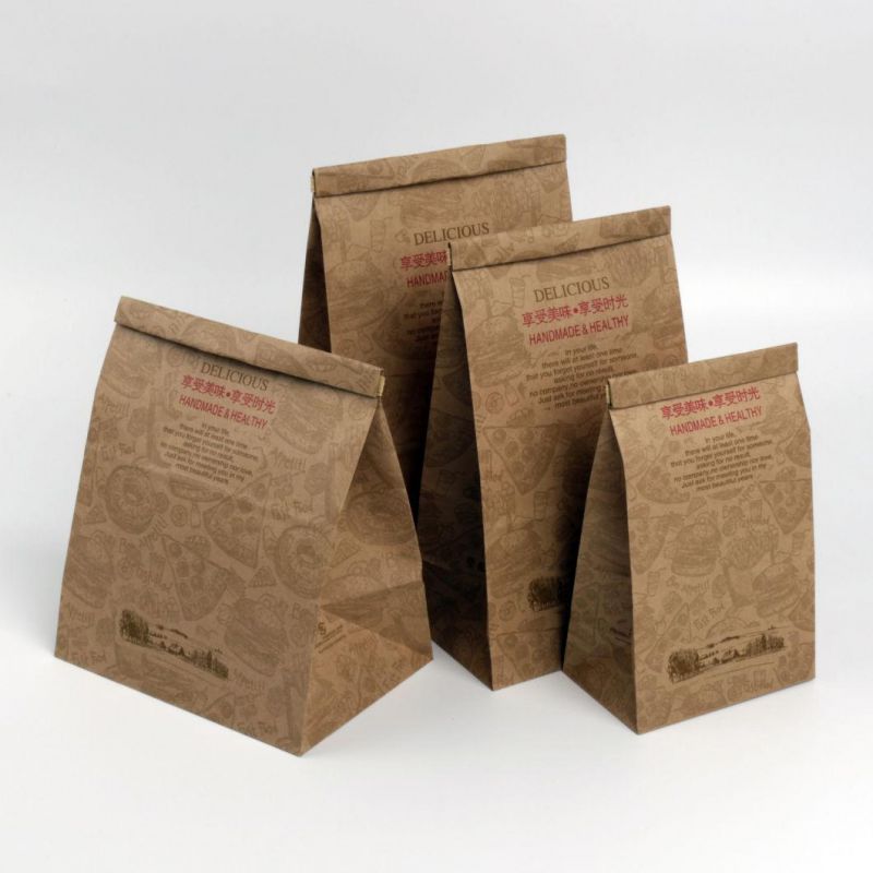 in Stock High Quality Food Grade Packaging Bag Kraft Paper Square Bottom