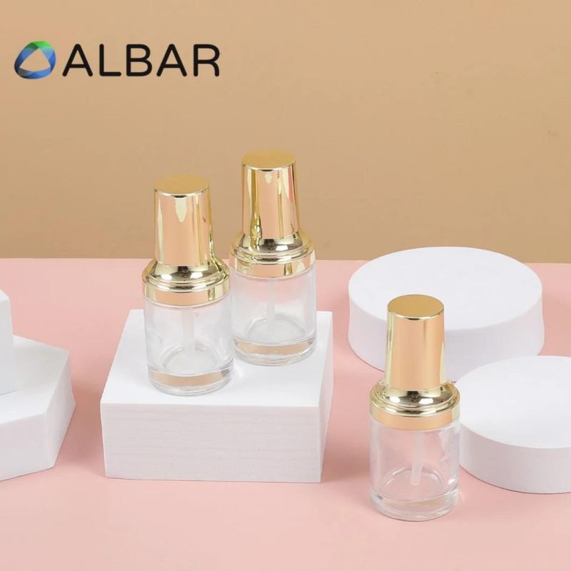 Short Cylinder Thick Bottom Flat Metal Shoulder Clear Glass Bottles for Cosmetics Face Care