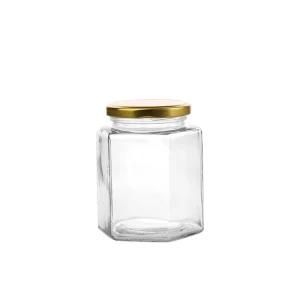 500ml Hexagon Food Glass Storage Jar with Gold Lid