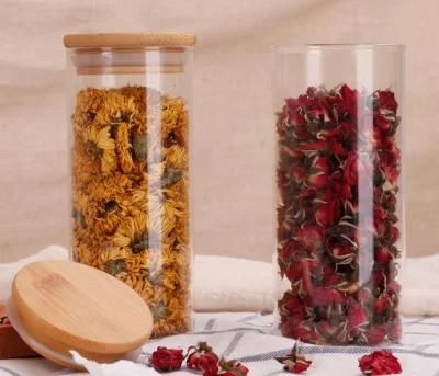 High Borosilicate Glass Storage Jar with Wood Lid for Food