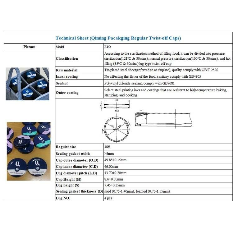 Factory Price Customized Logo Tinplate Twist-off Lug Caps