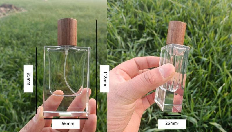 Transparent 30ml Glass Spray Perfume Bottle Square Crimp Sprayer Bottle with Wooden Cap