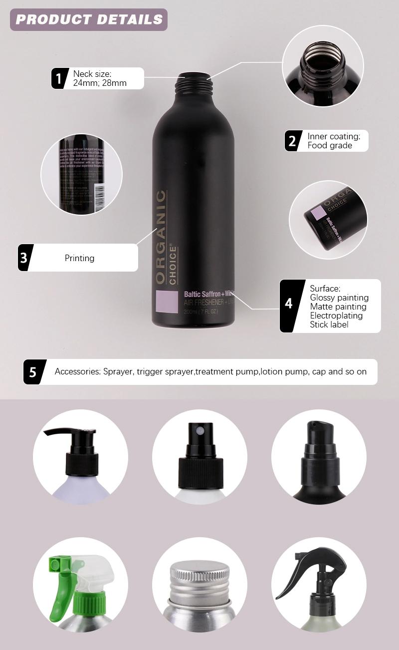 100ml 200ml 300ml 500ml Matte Black Aluminum Spray Bottle for Cosmetic Packaging