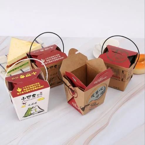 Custom Kraft Noodle Box with Hand Disposable Takeaway Packaging Donut Lunch Fruit Hamburger Camarone Salad Fried Chicken Bentopaper Meal Wholesale Be Portable
