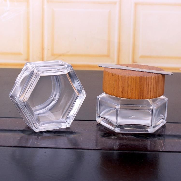 50g Hexagonal Glass Jar for Facial Collagen Mask Face Cream Cosmetic Jar with Bamboo Lid