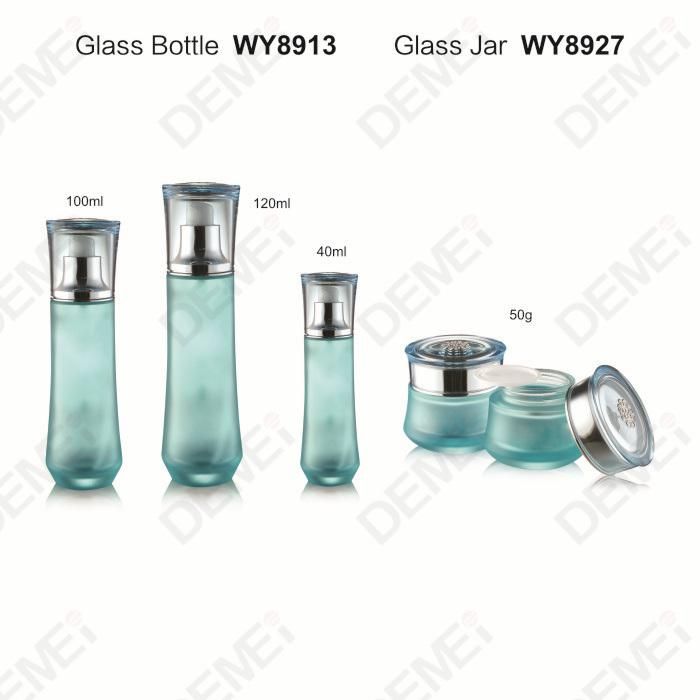 40/100/120ml 50g Cosmetic Skin Care Packaging Green Big Bottom Toner Lotion Glass Bottle and Cream Jar