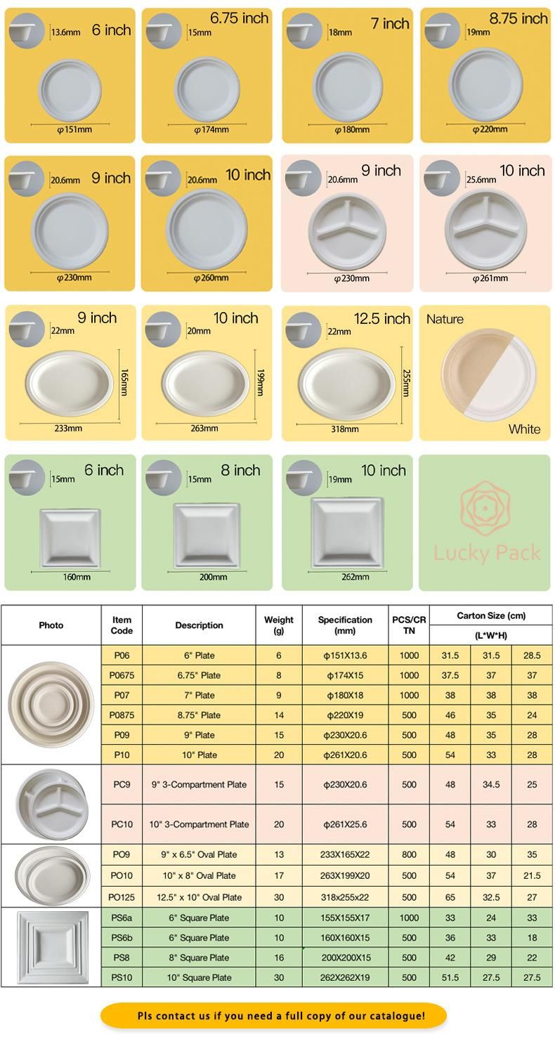 6 6.75 7 8.75 9 10 Inch Sugarcane Bagasse Paper Pulp Disposable Round Plate