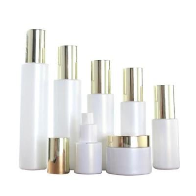 Pearl White Glass Cosmetic Packaging Set Lotion Bottle with Gold Lid