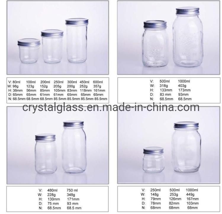 Wide Mouth Food Storage Glass Mason Jars with Lids for Jam Honey Packing 4oz 8oz 16oz